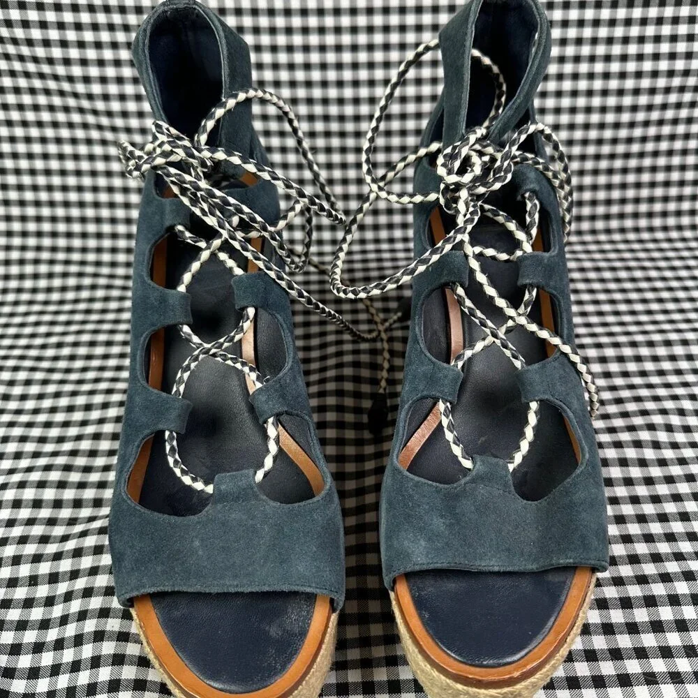 Tory Burch Positano Lace-Up Platform Suede Espadrille Navy Blue Women's Size 8.5